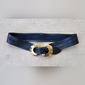 Vintage 80s Black Leather Gold Circles Metal Buckle Fashion Belt Size M 30-32"